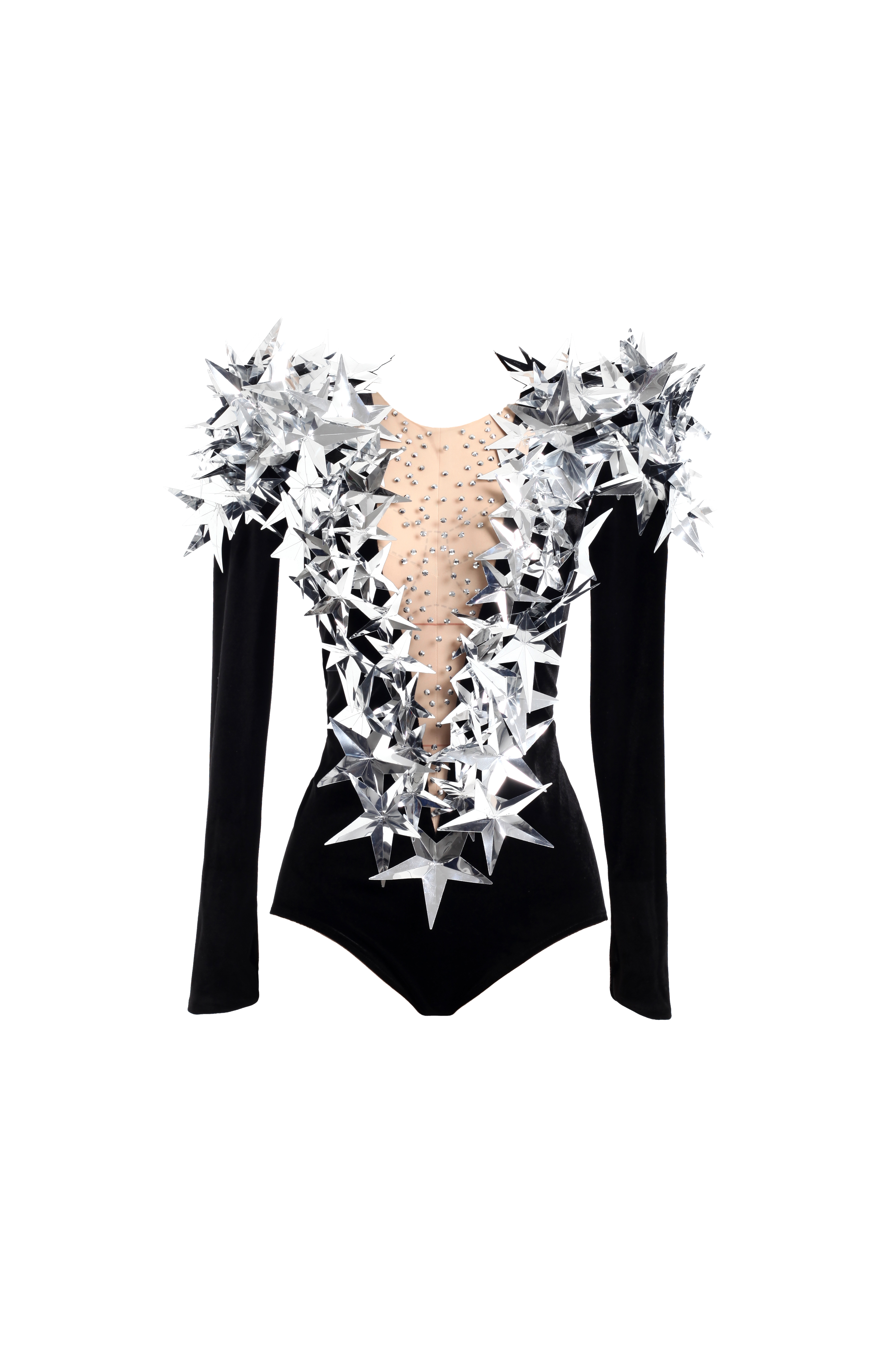 Боди из черного бархата со стразами с акцентными плечами