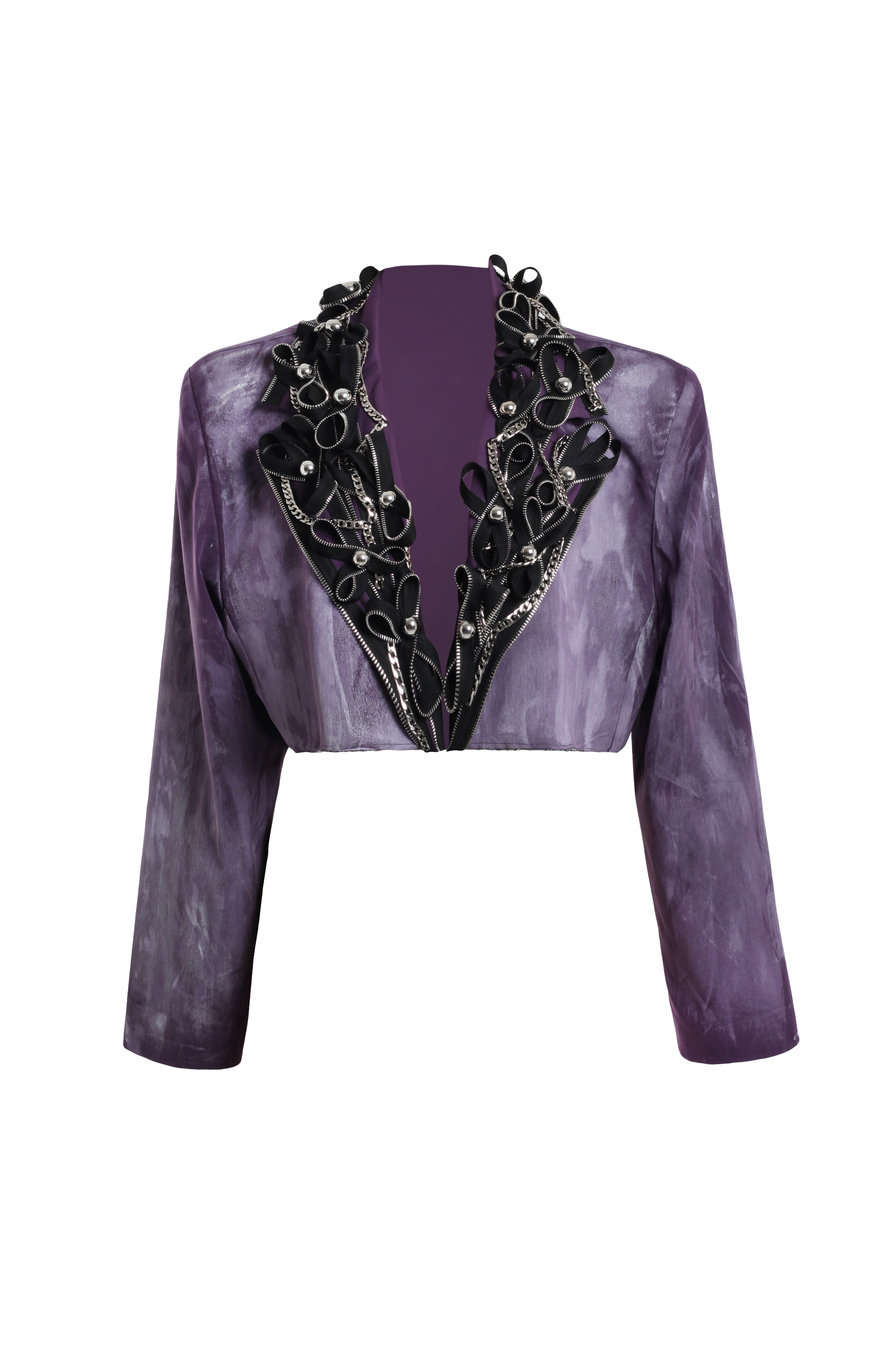 Жакет сиреневый из костюмной ткани с декором на воротнике