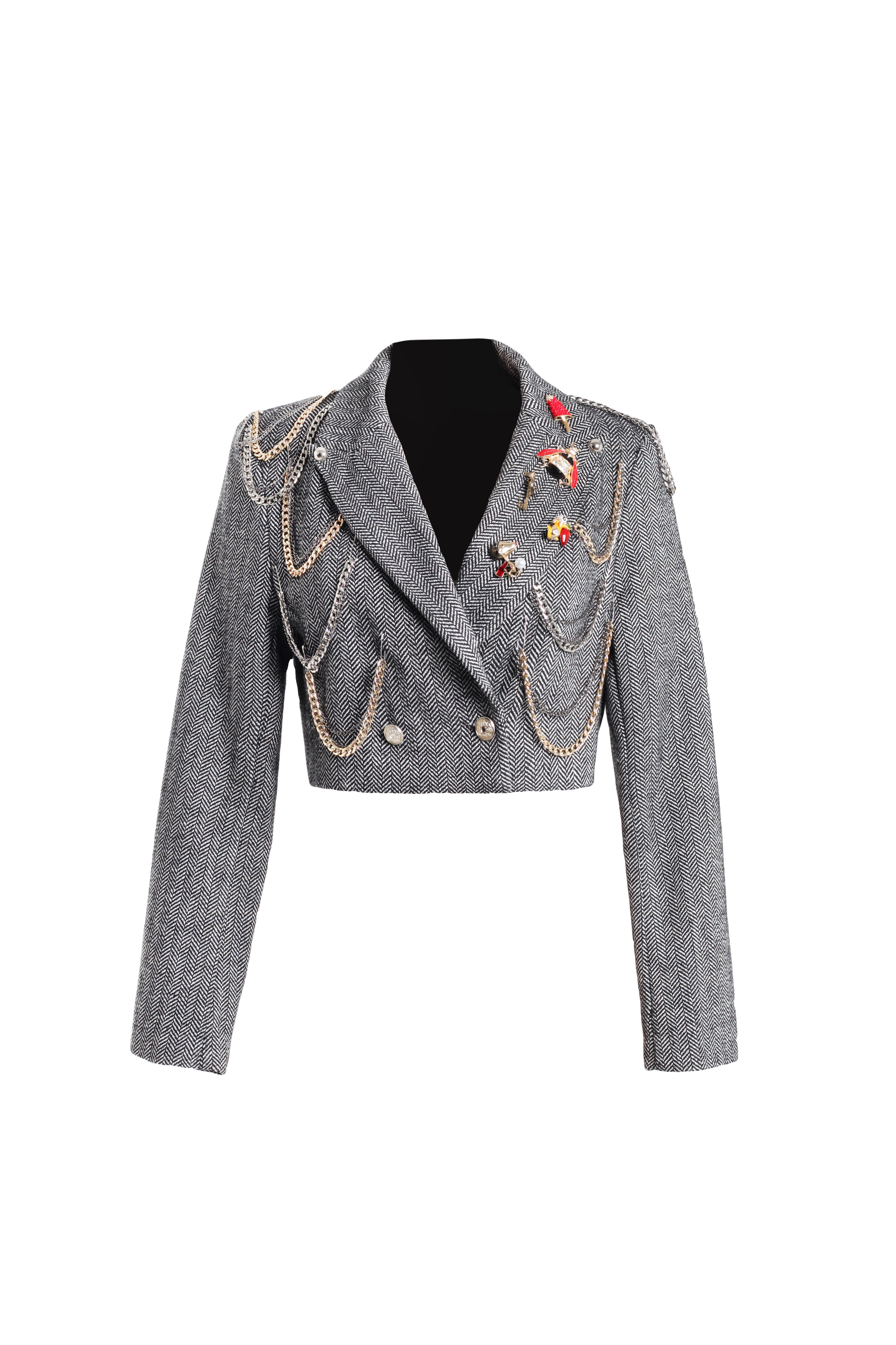 Жакет серый из костюмной ткани с цепями и значками