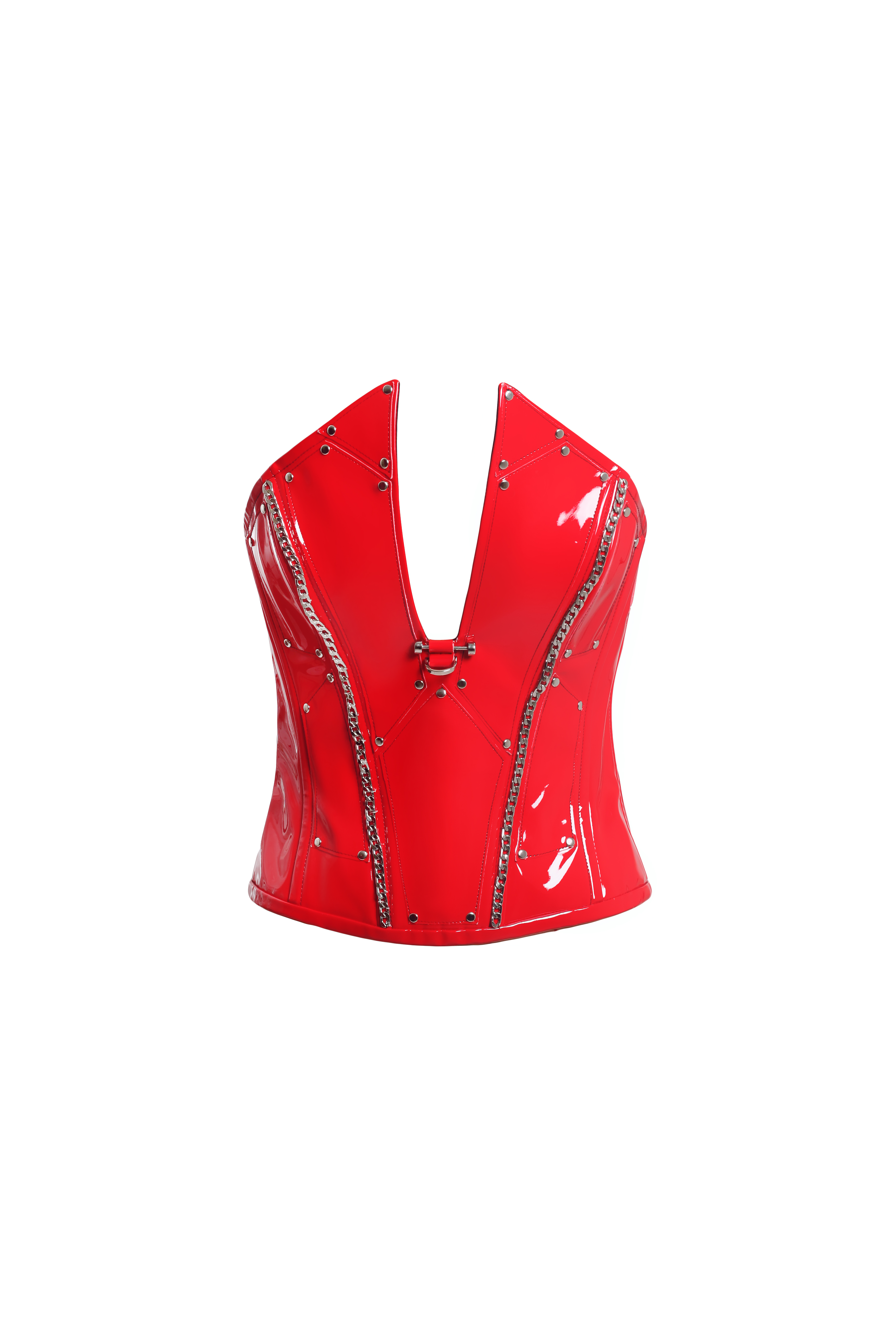Корсет красный лаковый с вырезом и декором