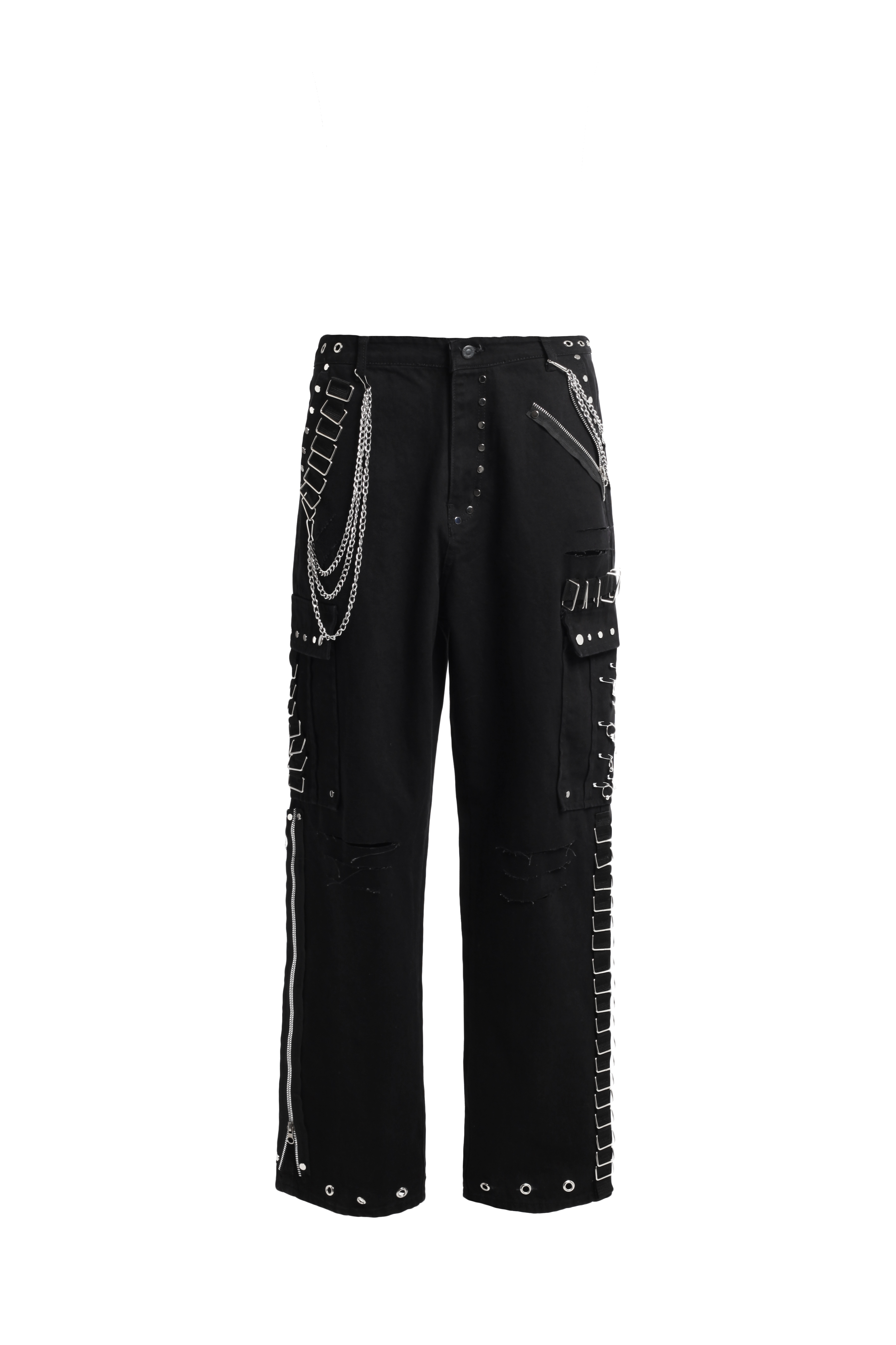 Брюки мужские черные из денима с накладными карманами и фурнитурой