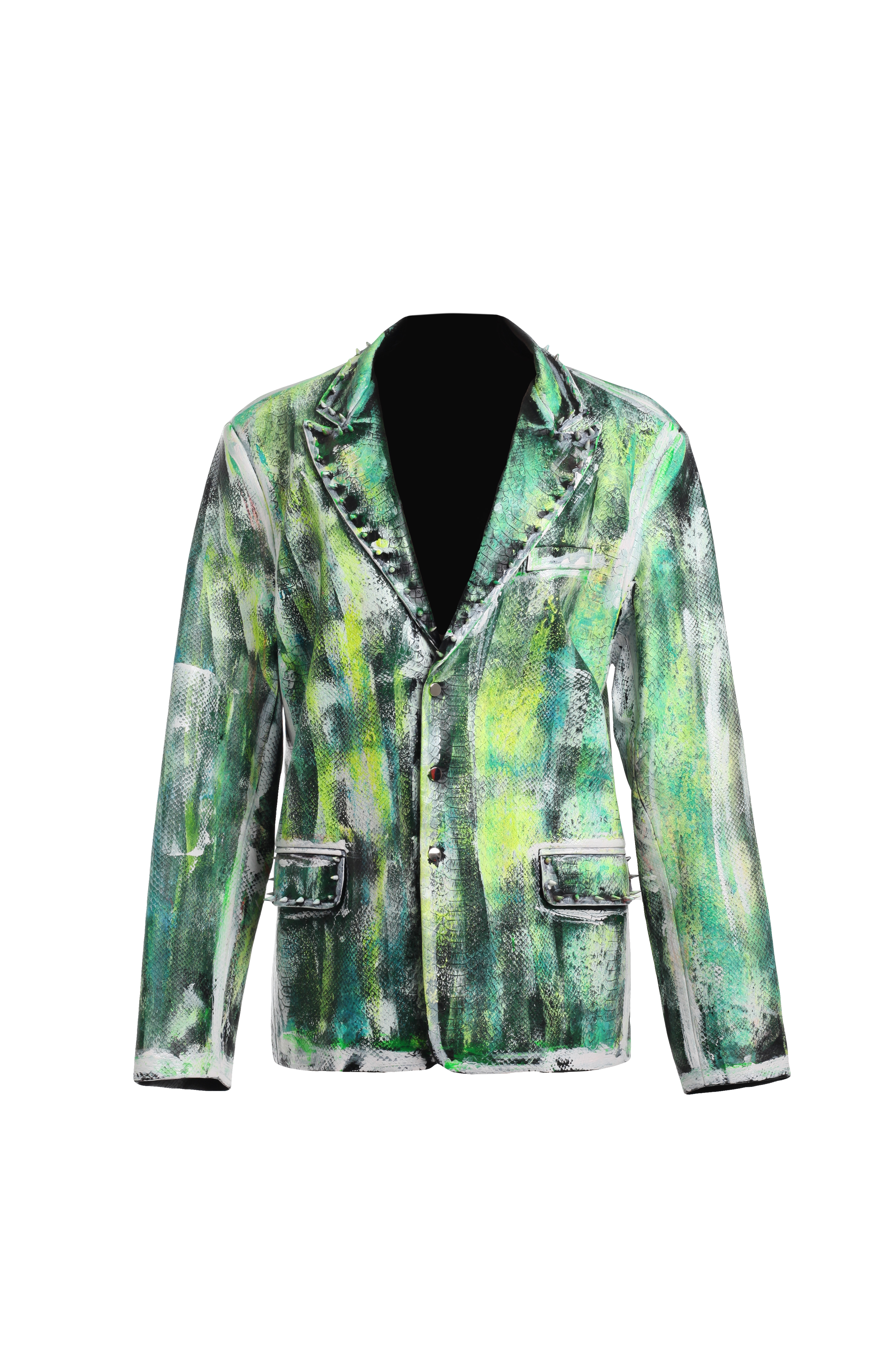 Пиджак зеленый из эко-кожи под рептилию с шипами