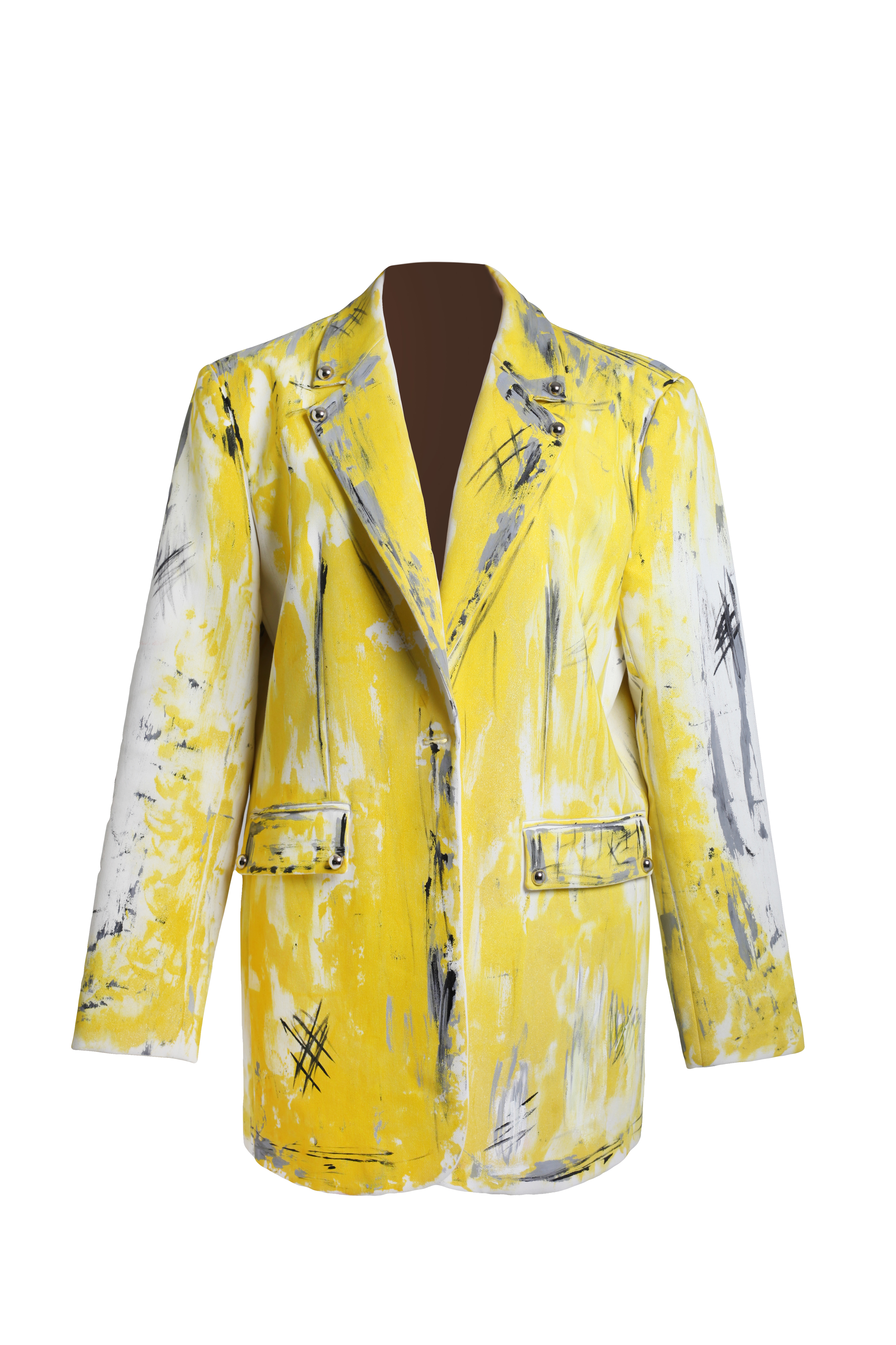 Пиджак желтый из костюмной ткани с ручной росписью серого цвета
