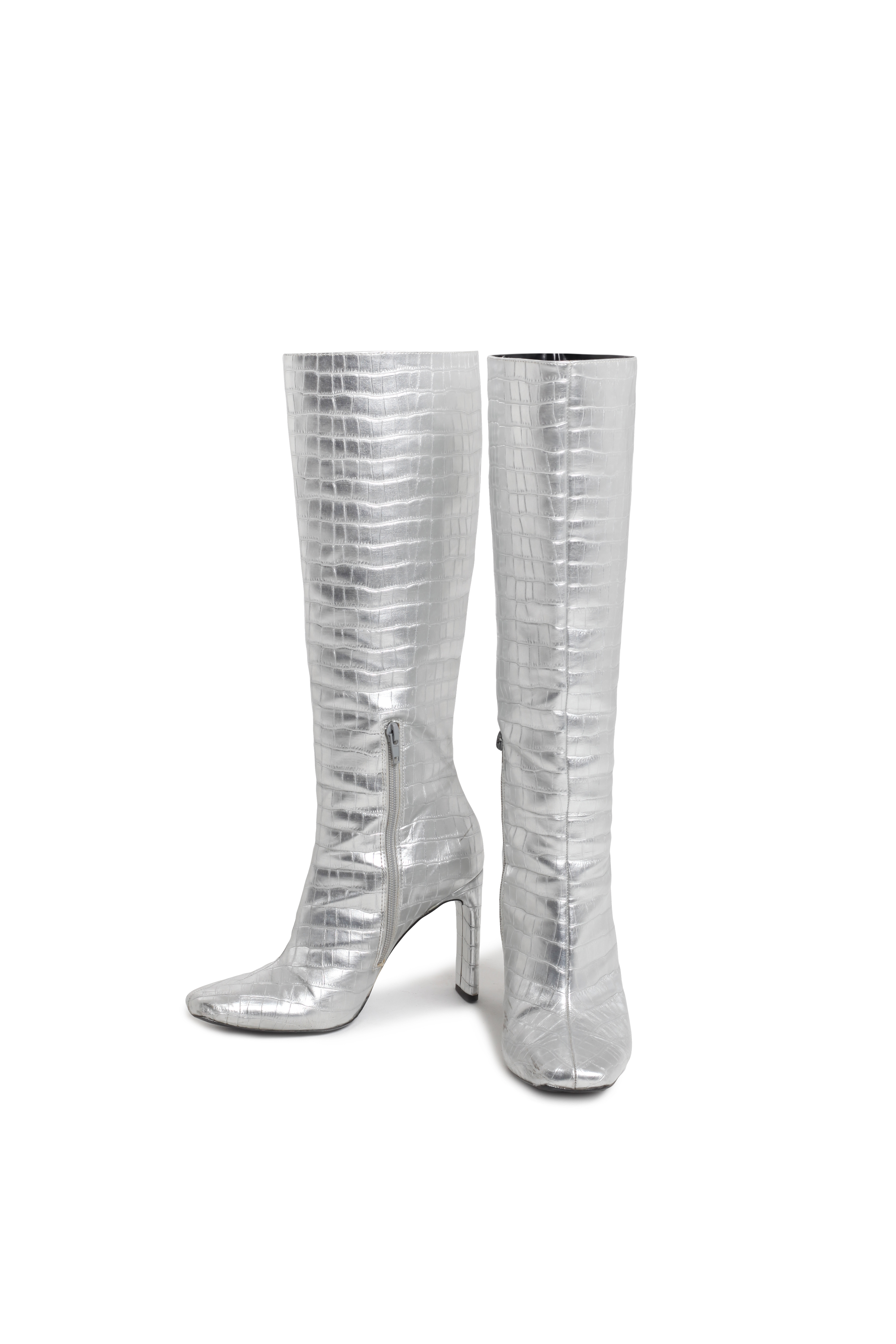 Сапоги серебряные кожаные с тиснением под репитилию